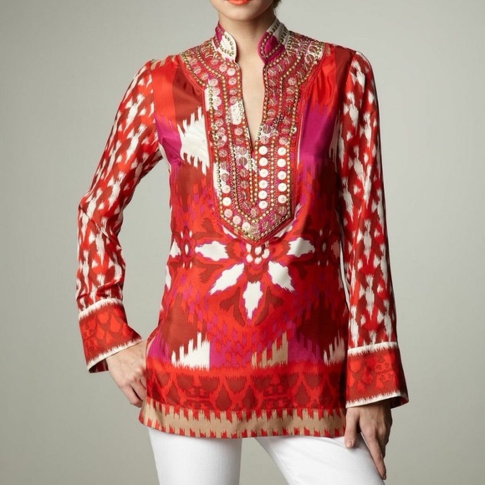 NWT Tory Burch Iveta Red Volcano Silk Tunic Women’s Size 8